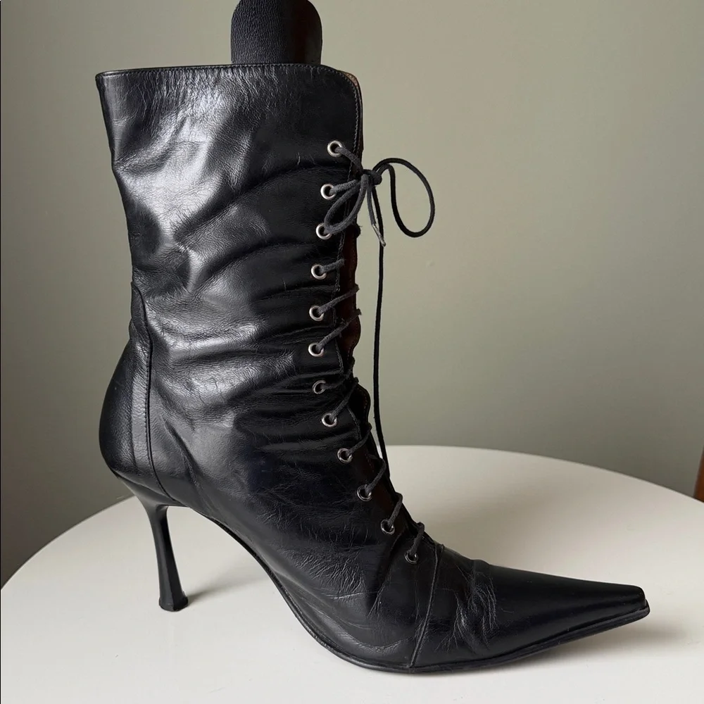 Gia Moretti leather pointed toe stiletto heel grommeted lace-up Boots Italian - Picture 14 of 17